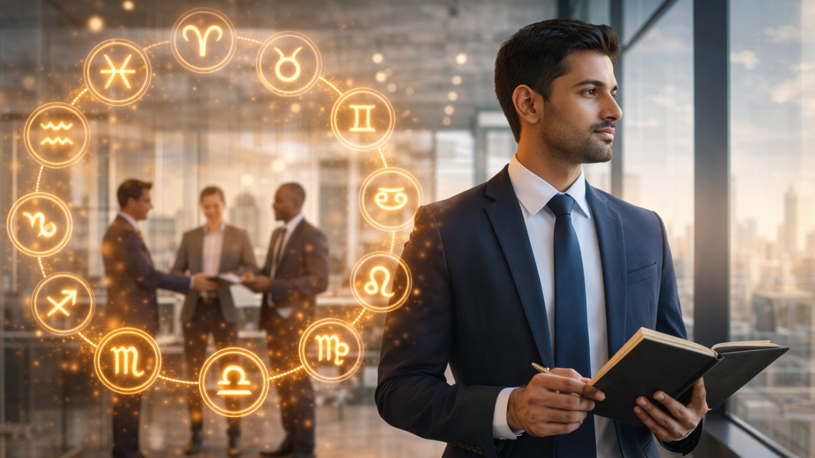 Career horoscope: Businessman with zodiac signs, planning for growth and opportunities.