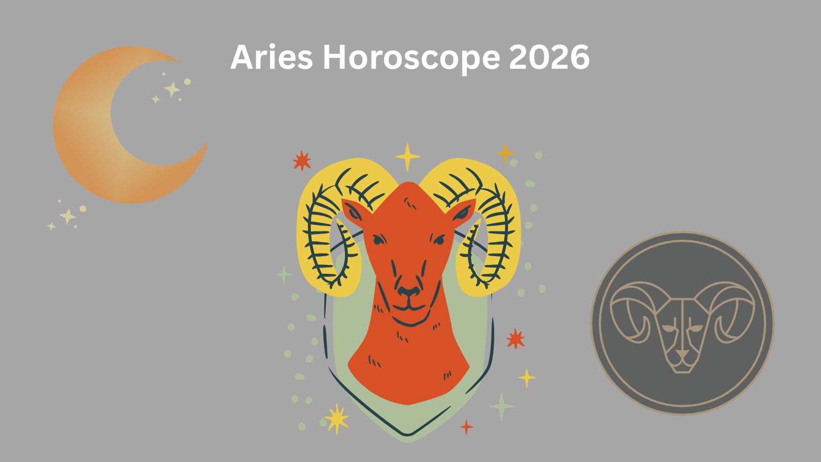 Aries horoscope 2026 image featuring the Aries zodiac symbol and a crescent moon.