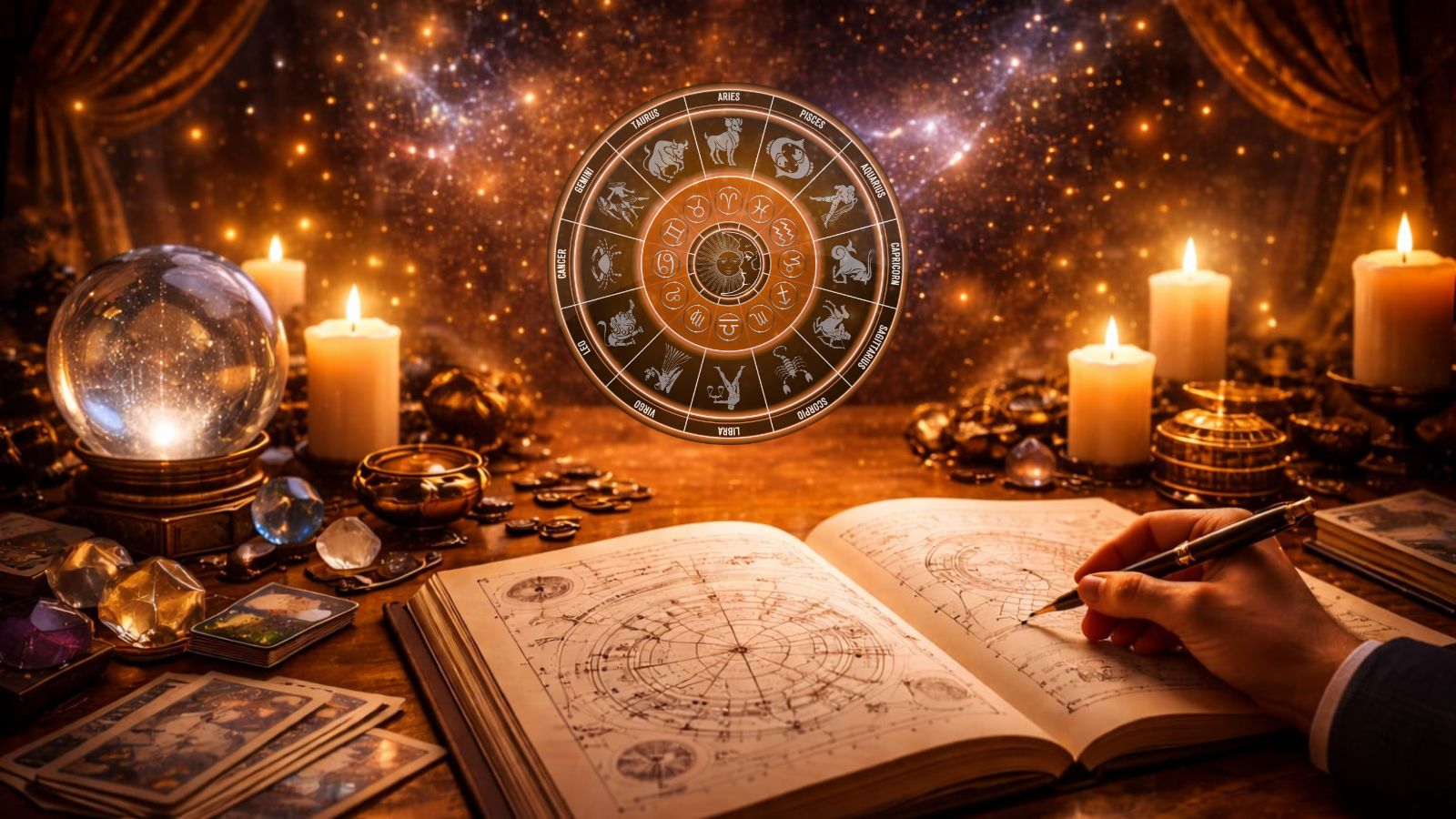 Astrology chart with zodiac signs, tarot cards, crystal ball, and a hand writing in a book. Daily Horoscope April 12, 2026.