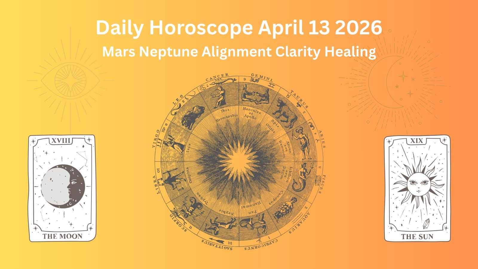 Daily Horoscope April 13, 2026: Astrological chart with The Moon and The Sun tarot cards, Mars-Neptune alignment.
