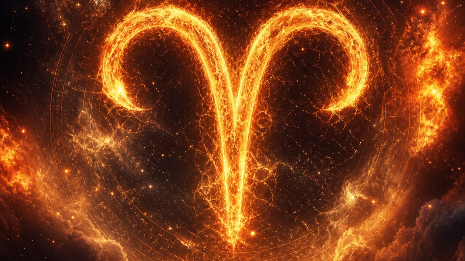Aries zodiac symbol glowing with fiery energy on a cosmic background