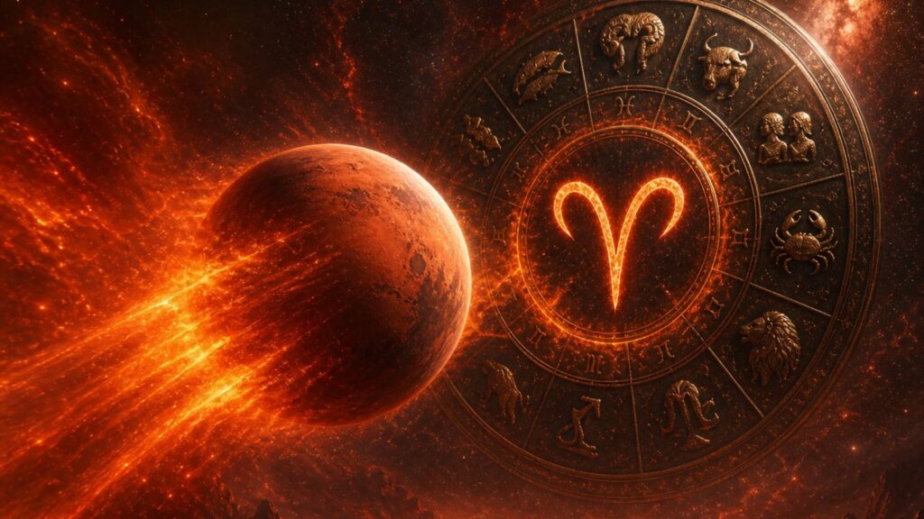 Aries zodiac symbol glowing in front of Mars and cosmic background
