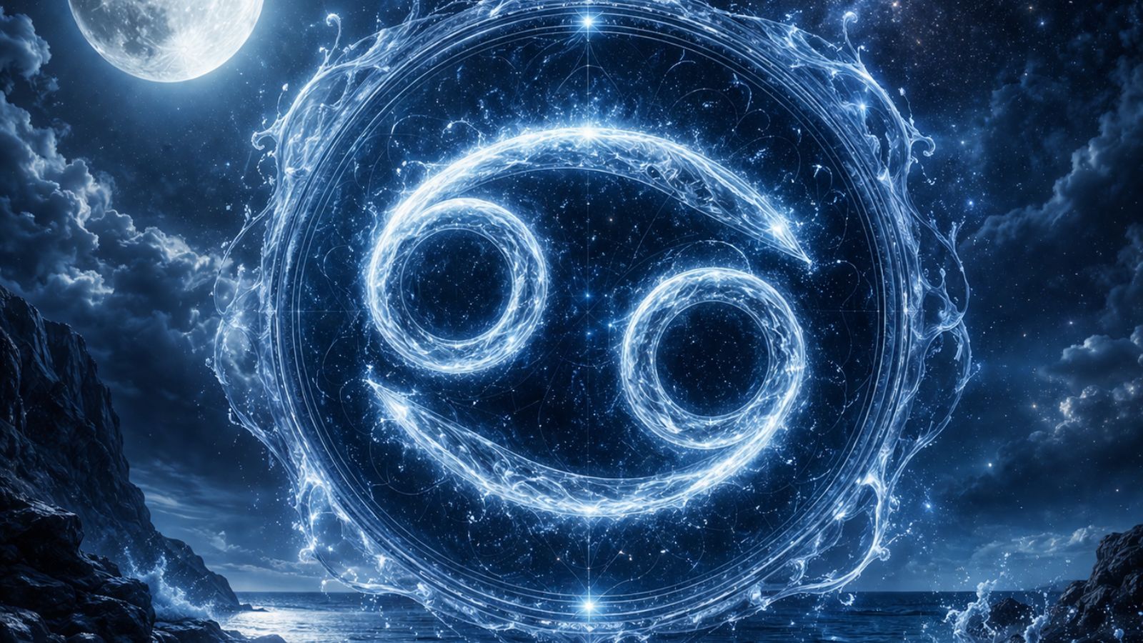 Cancer zodiac symbol glowing in a starry night sky, moon visible