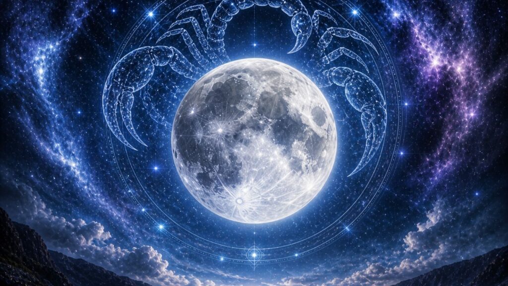 Scorpio zodiac sign with moon and stars, Cancer horoscope background