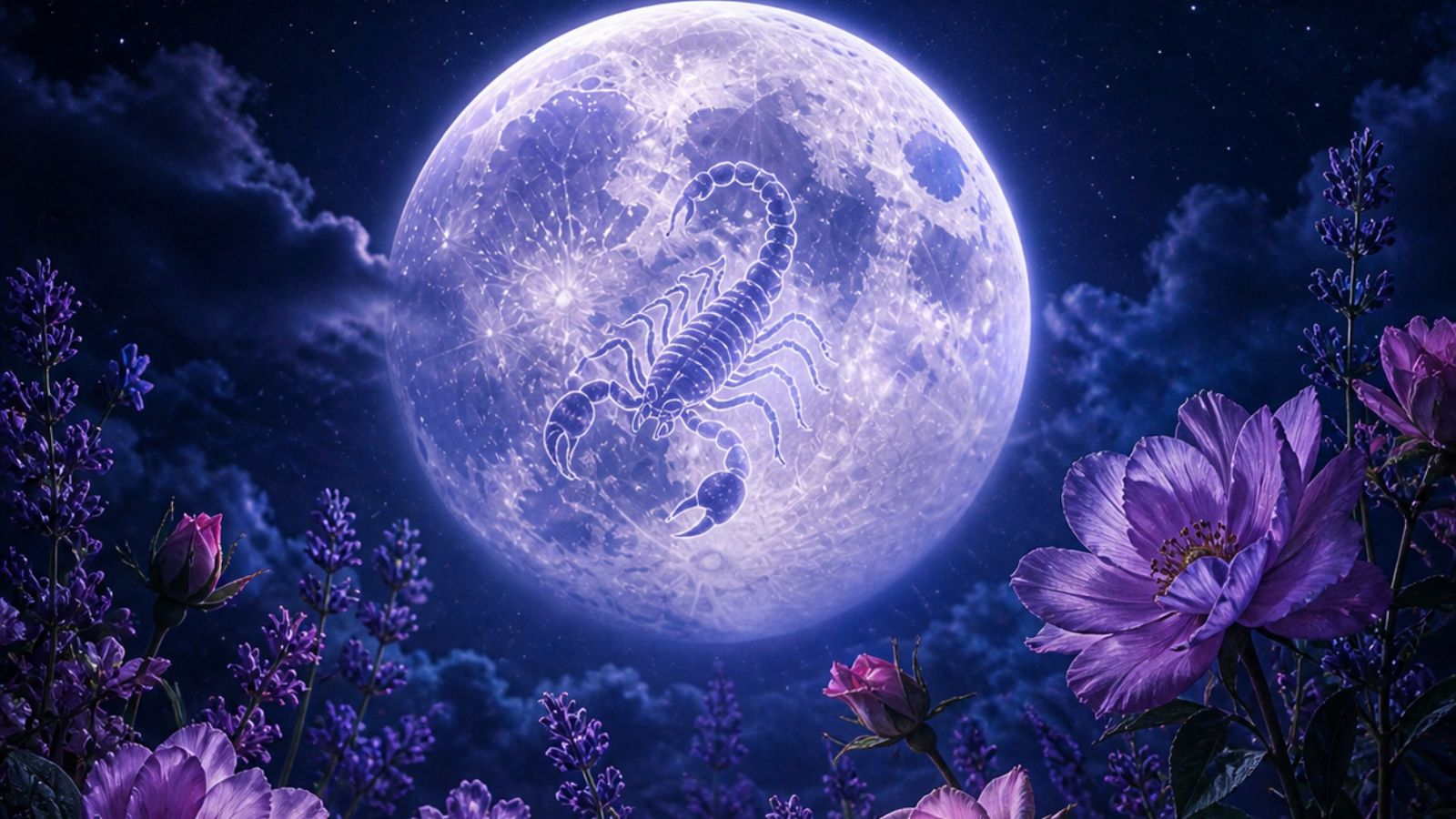 Scorpio symbol on a full Flower Moon with purple flowers under a starry night sky.