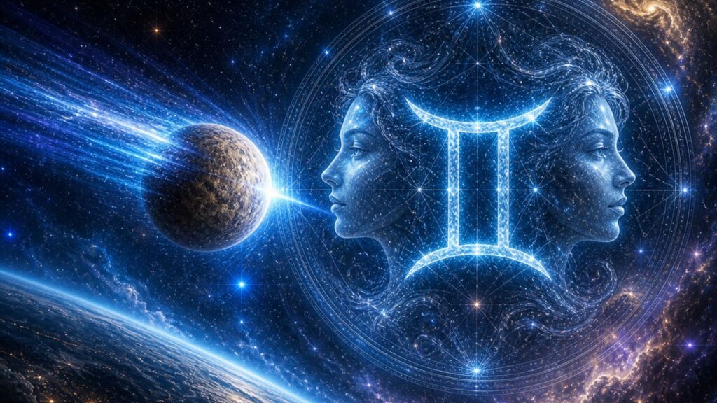 Gemini zodiac symbol with twin faces in a starry nebula, representing May 2026 horoscope predictions.