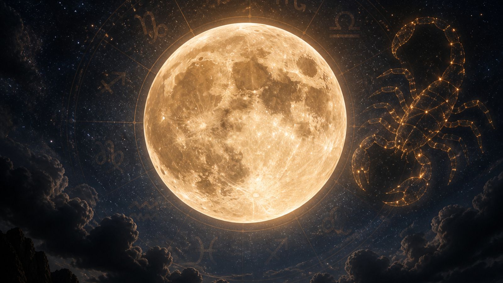 Full moon and Scorpio constellation over zodiac wheel, May 1, 2026 horoscope