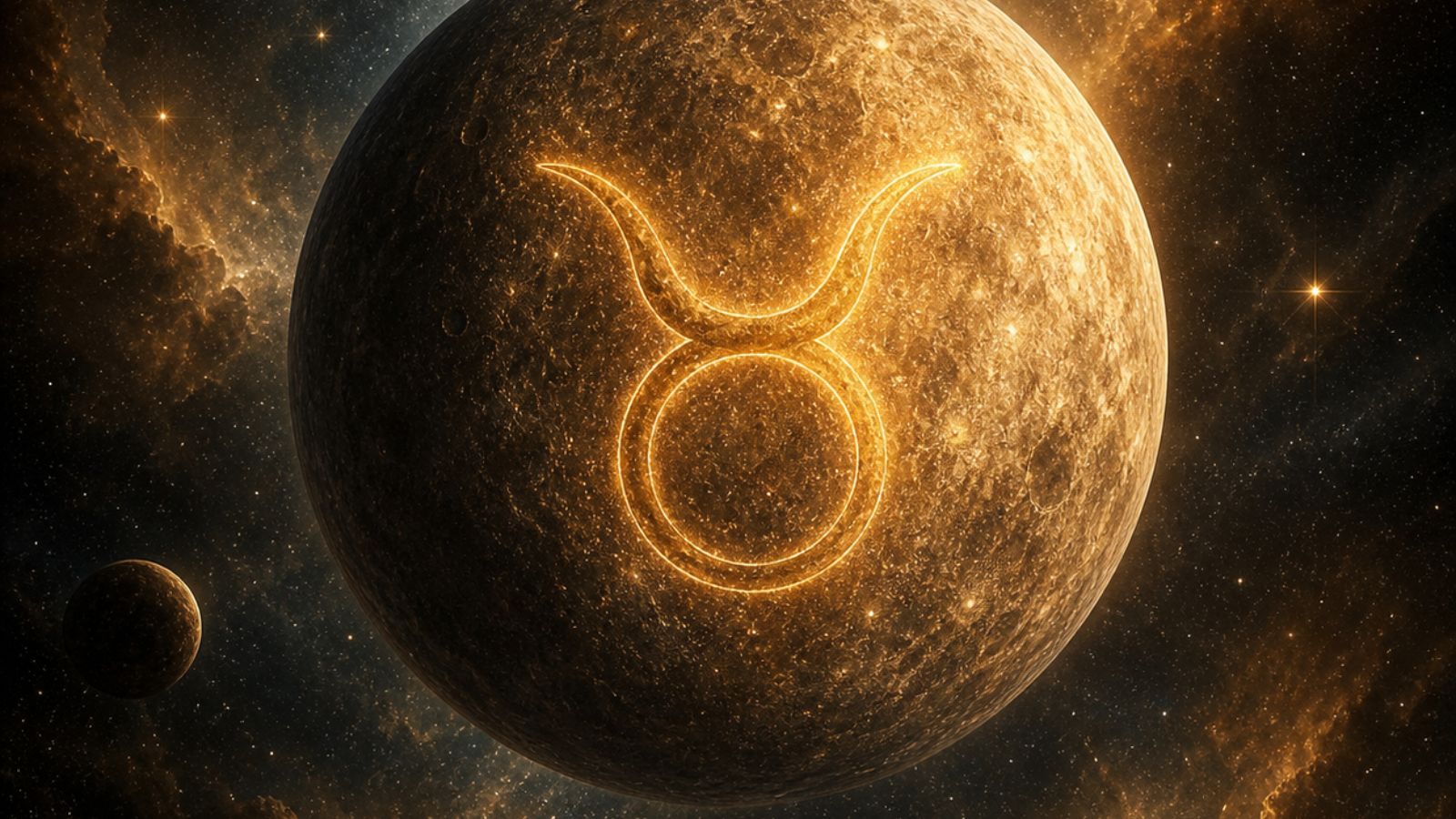 Taurus zodiac symbol glowing on a textured planet in space.