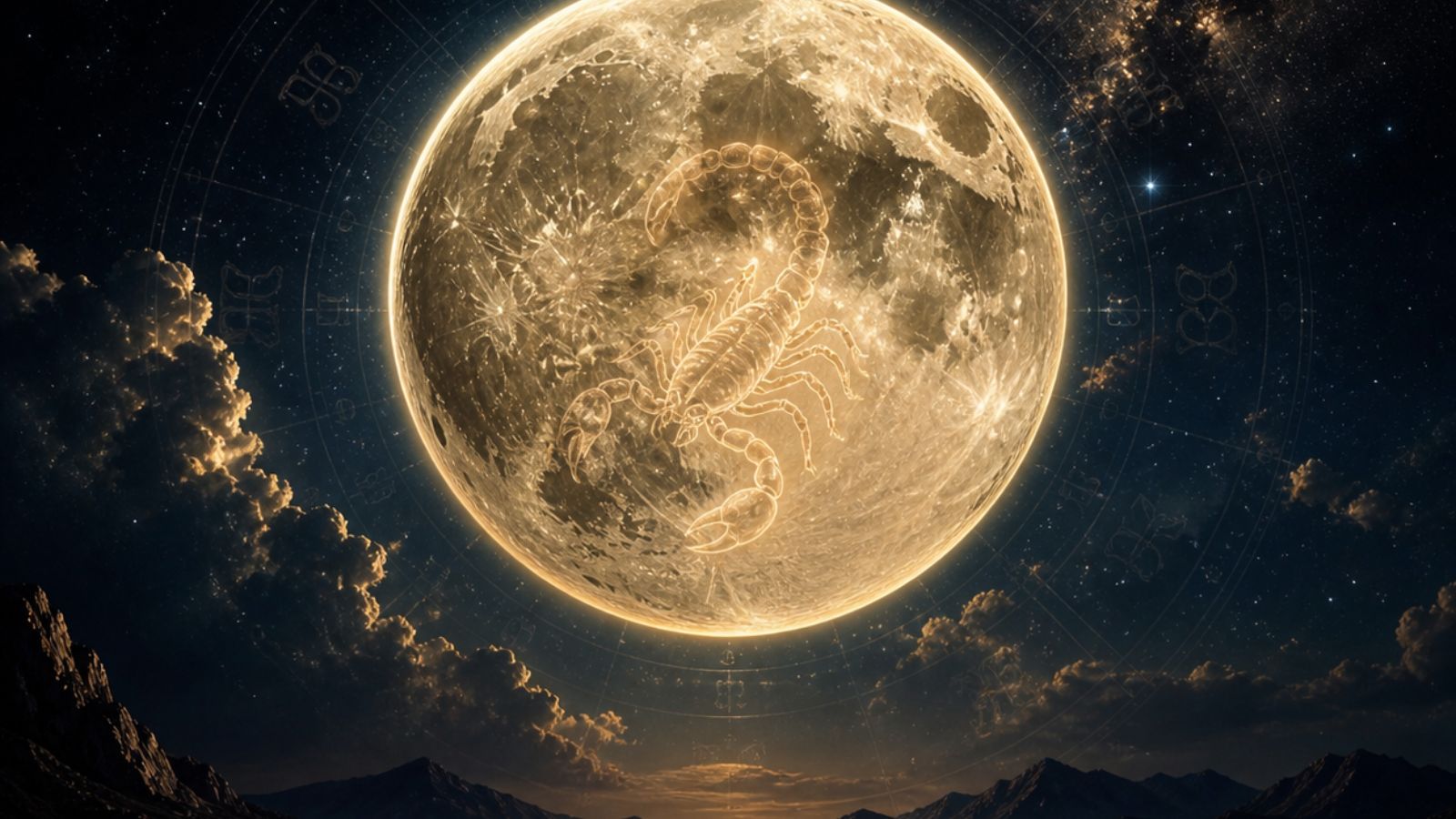 Scorpio zodiac sign superimposed on a full moon with astrological chart background.