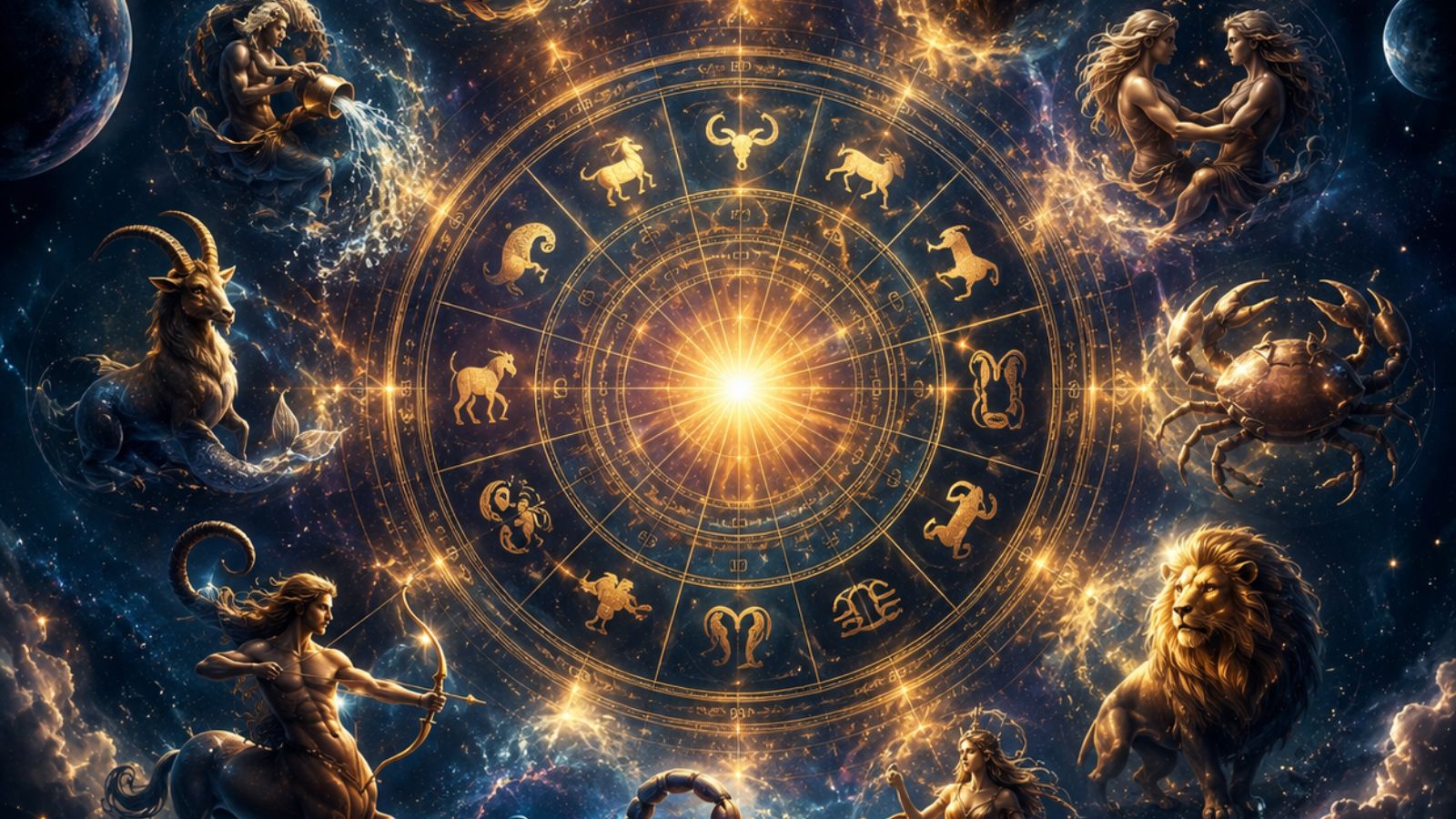 Zodiac wheel with horoscope signs, Capricorn moon, career success, money insights, emotional balance