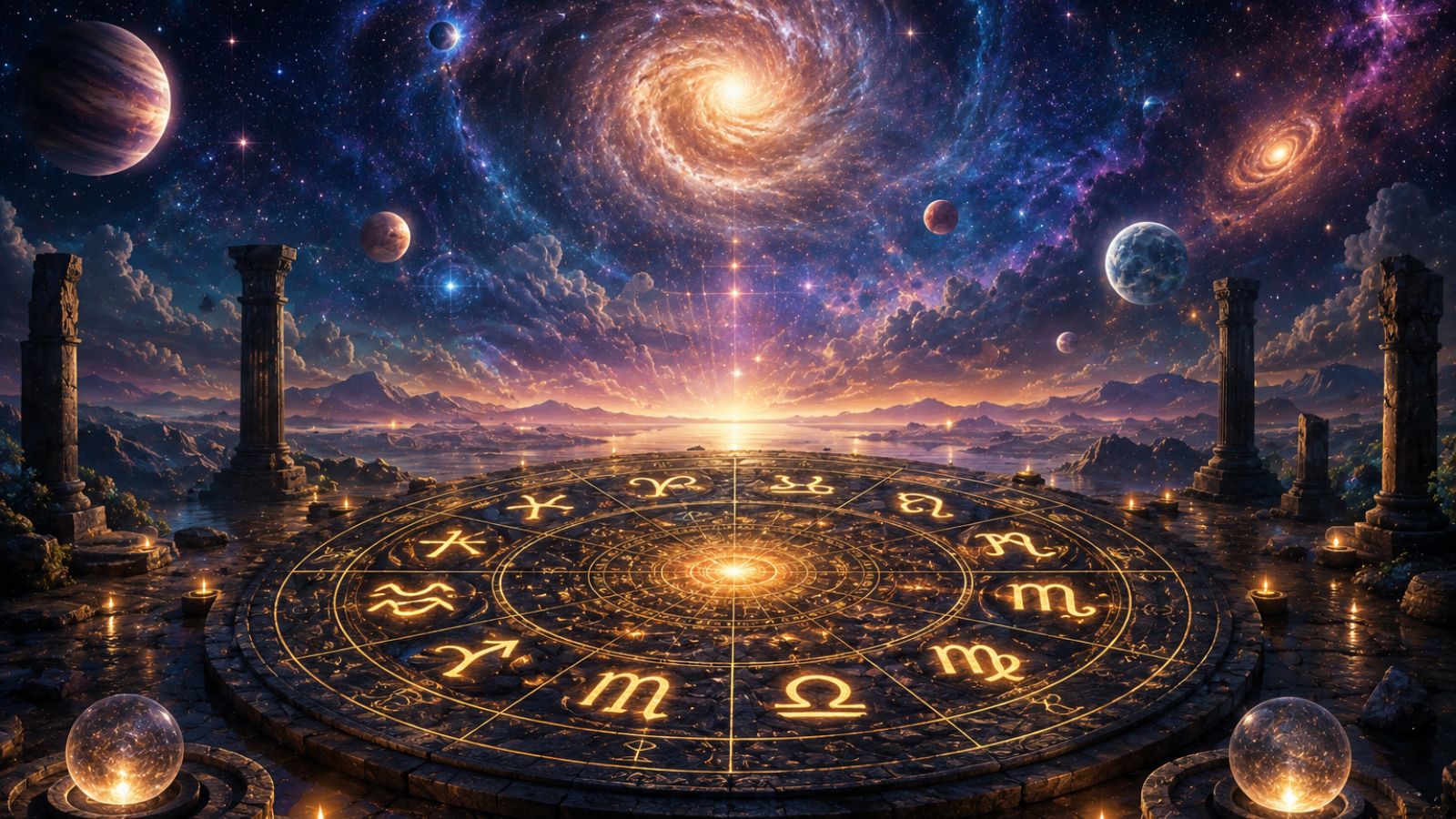 Zodiac wheel under a cosmic sky, symbolizing horoscope and astrology for May 8, 2026.
