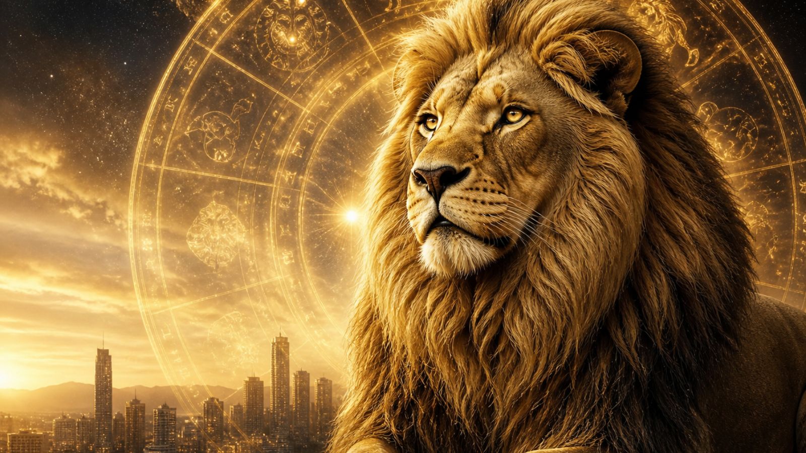 Leo horoscope May 2026: Majestic lion against zodiac and city skyline
