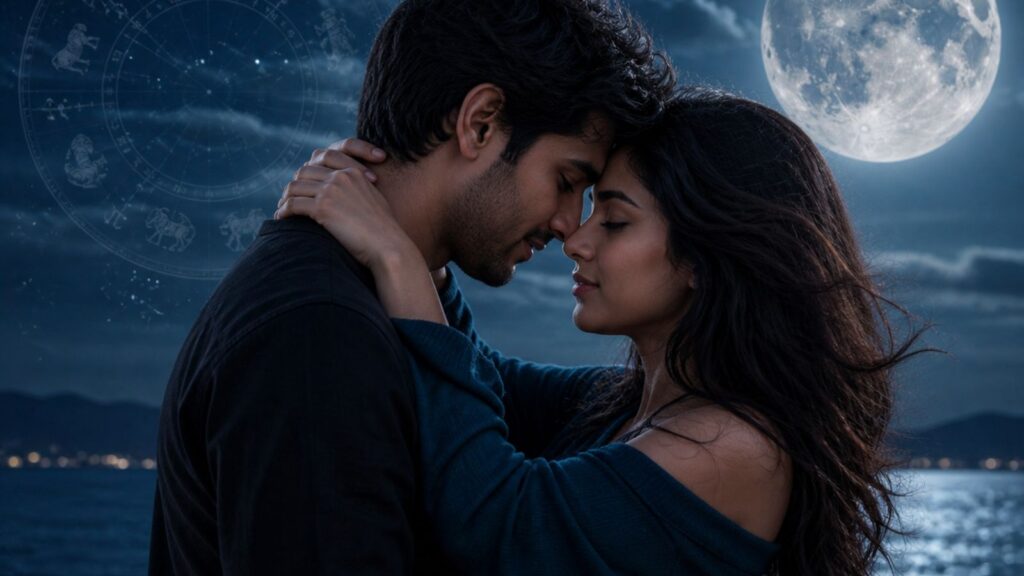 Leo couple embracing under a full moon with zodiac chart