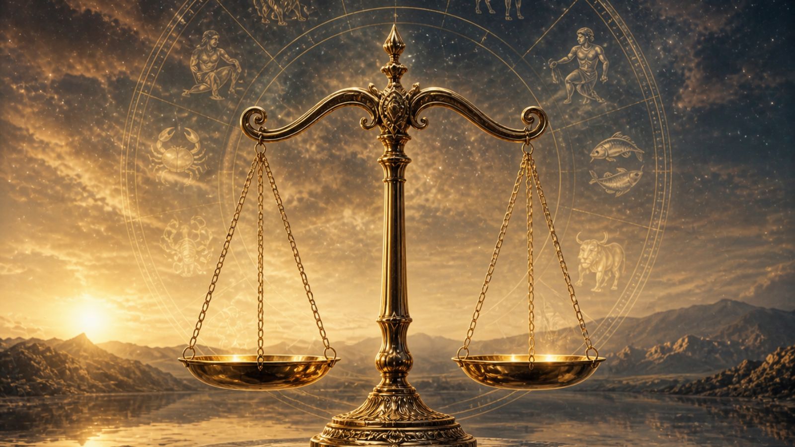 Golden Libra scale with zodiac signs against a sunset background