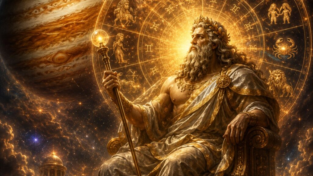 God Jupiter and zodiac wheel, with Capricorn moon, for horoscope career success