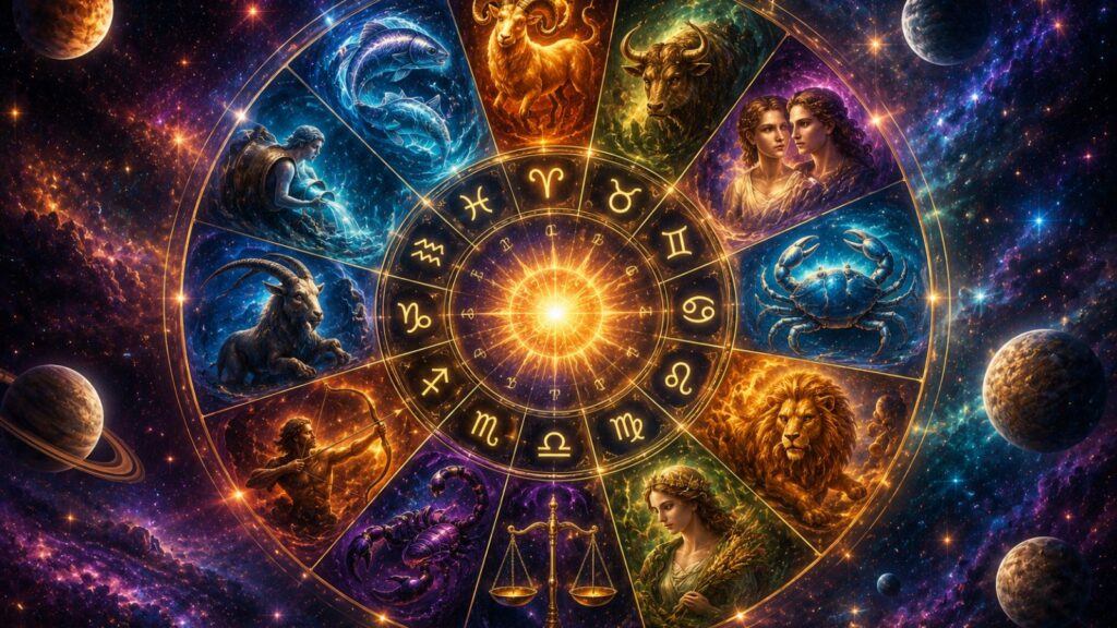 Zodiac wheel with constellations, planets, and astrological symbols for horoscope readings.