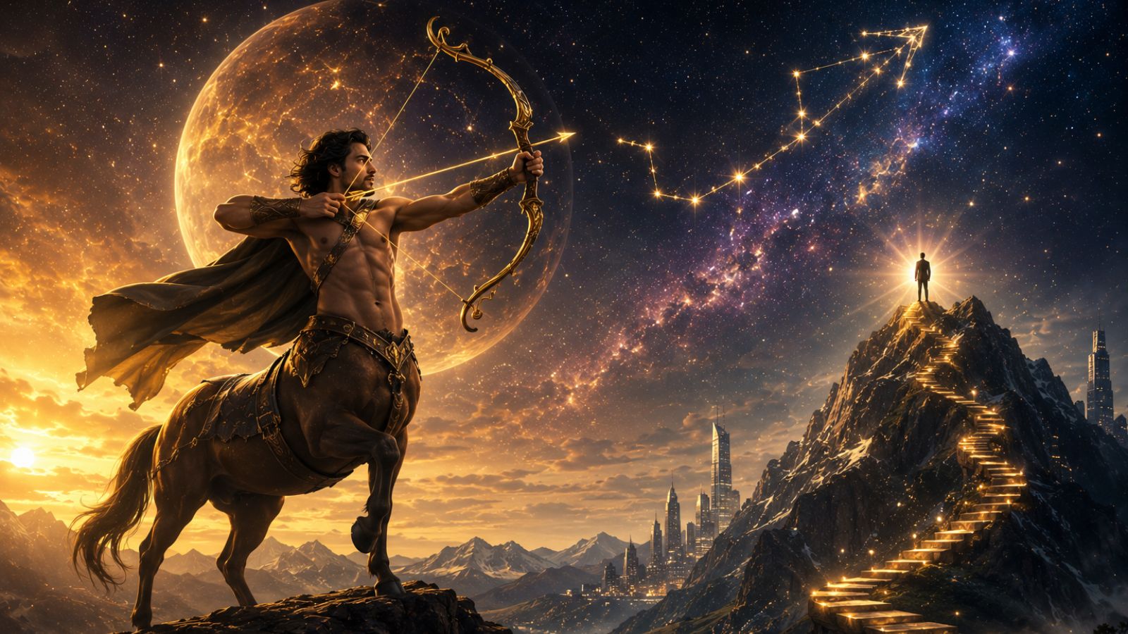 Sagittarius centaur aims bow at constellation, symbolizing career growth & new beginnings.