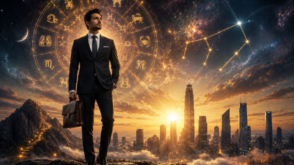Man in suit with briefcase, zodiac wheel, cityscape, and stars.