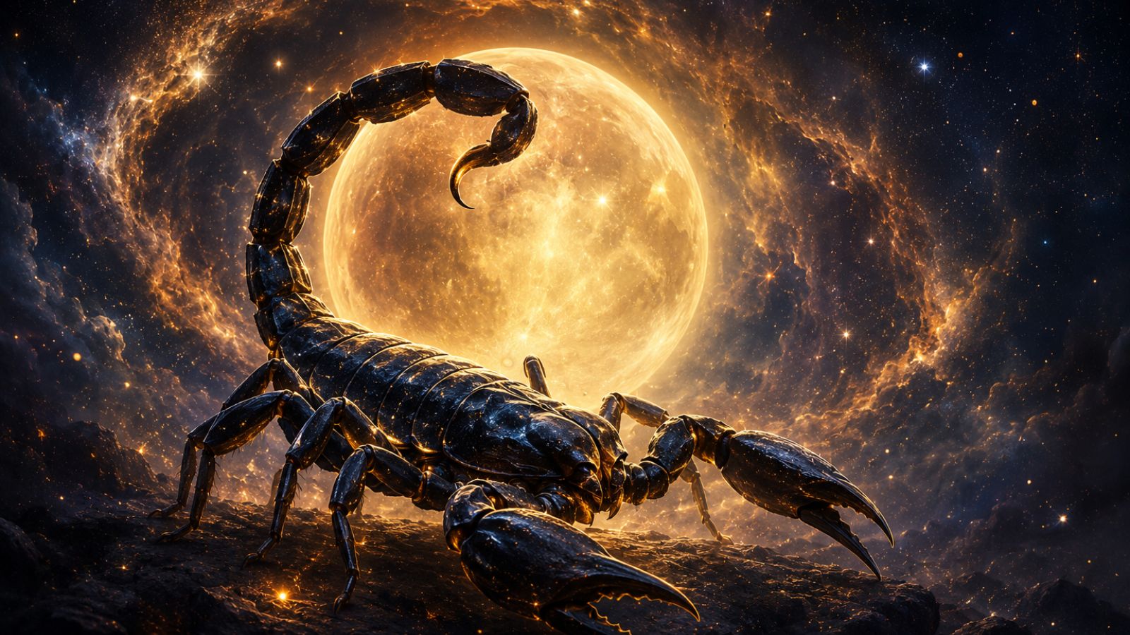 Scorpio astrological symbol, a scorpion, against a glowing full moon and starry sky