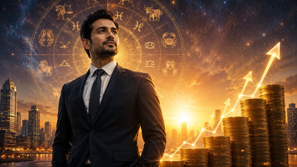 Scorpio horoscope: Businessman with zodiac, coins, and financial growth graph.