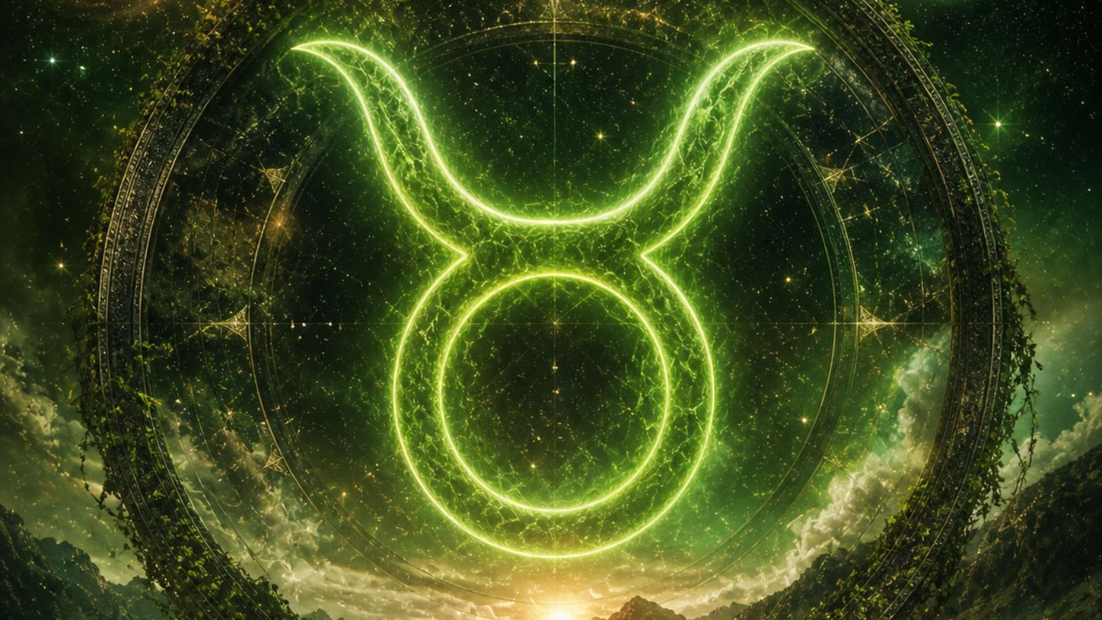 Taurus zodiac symbol glowing green against a starry, celestial background