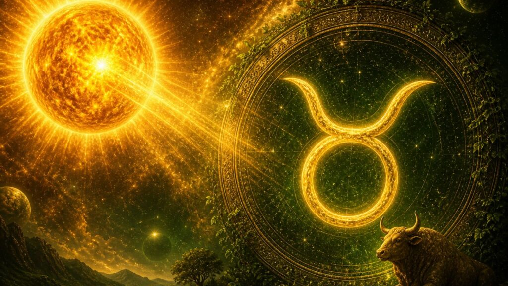 Taurus zodiac symbol glowing under the sun, with a bull and celestial background