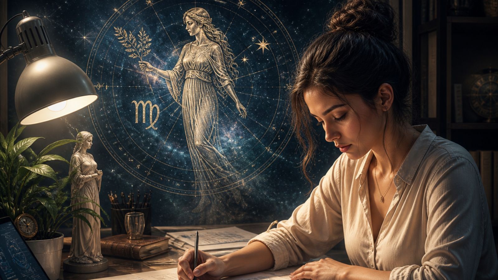 Virgo horoscope 2026: Woman studying astrology chart with Virgo symbol