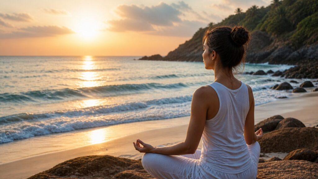 Woman meditating on a beach at sunset, symbolizing peace and clarity for Virgo horoscope.