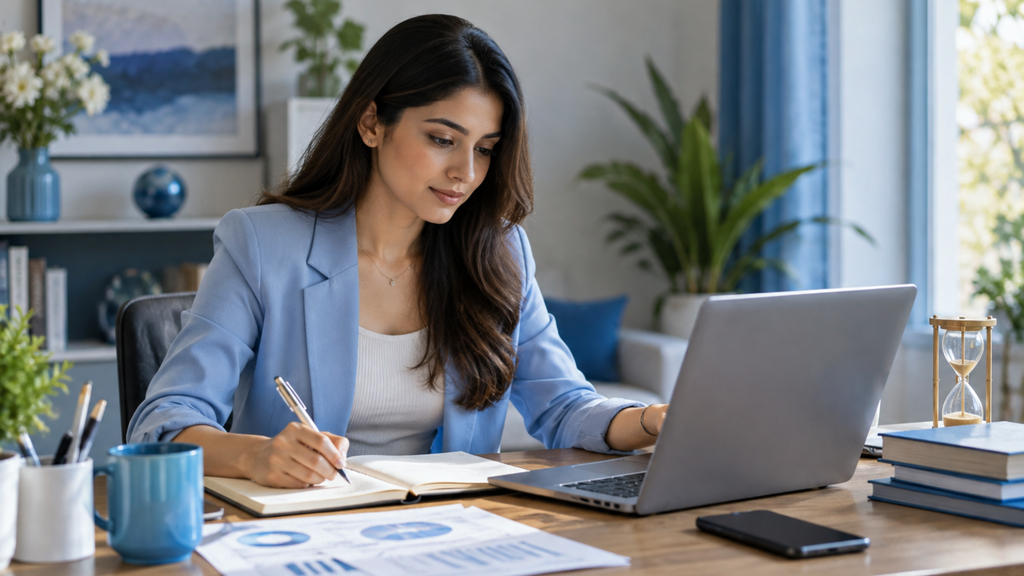 Virgo woman working on laptop at home office desk, planning career