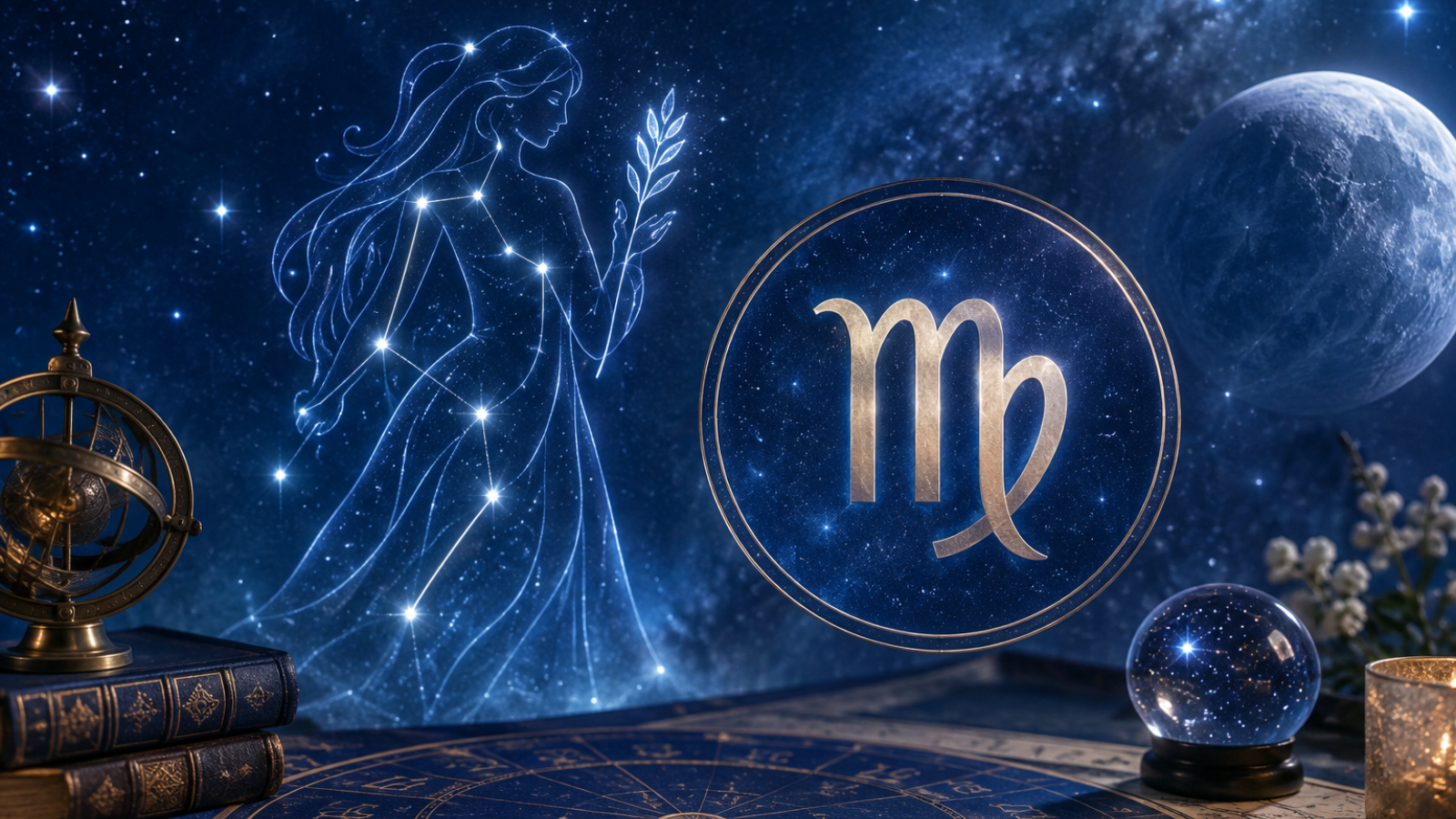 Virgo horoscope symbol and constellation on starry night background